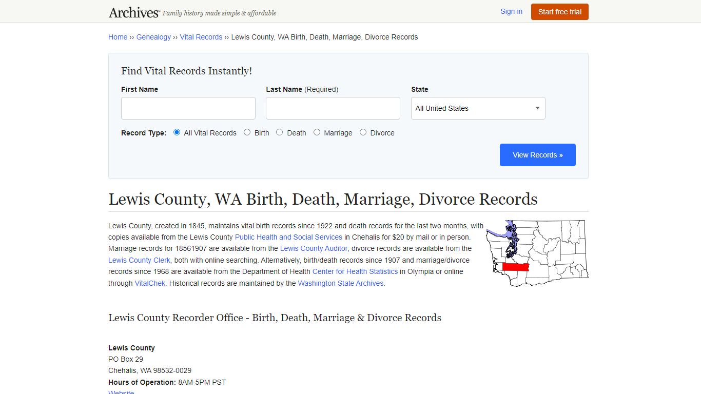 Lewis County, WA Birth, Death, Marriage, Divorce Records